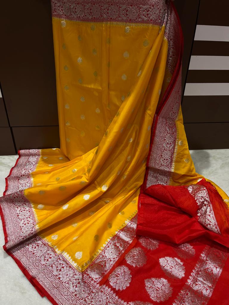 Mango yellow Banarasi semi khaddi sarees