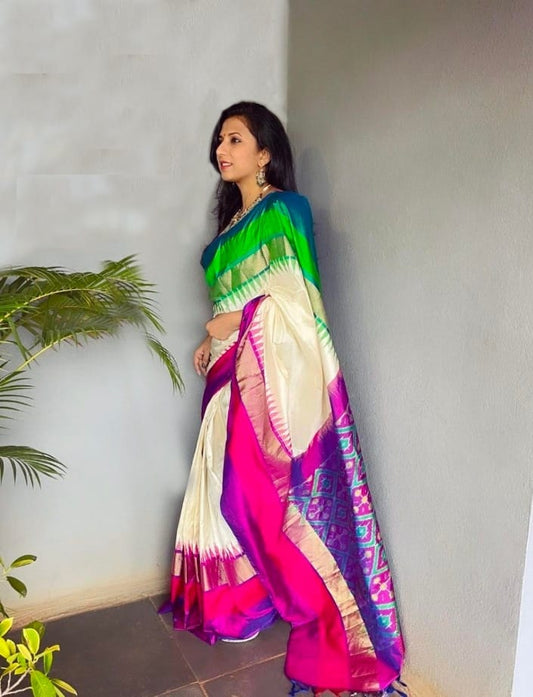 Cream pochampally ikkat silk sarees