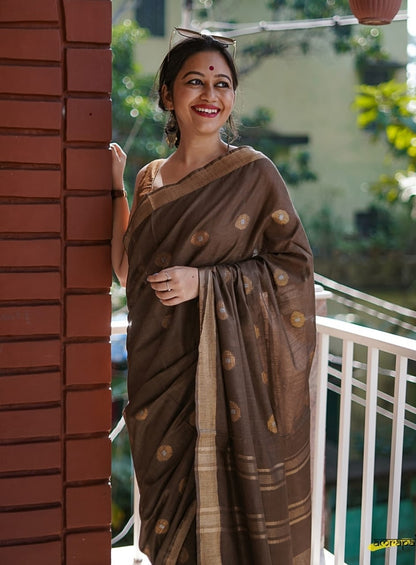 Dark brown linen cotton sarees