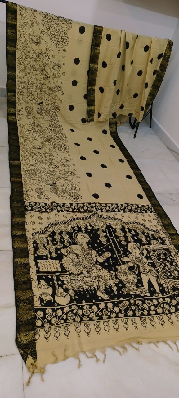 Black and white mangalagiri pen kalamkari sarees