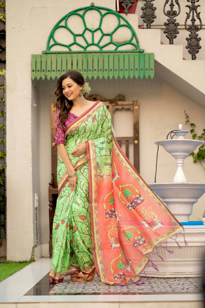 Green mulmul linen cotton sarees