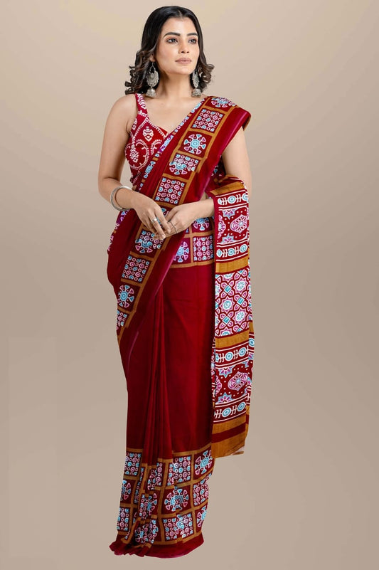 Maroon Handblock printed mulmul cotton sarees