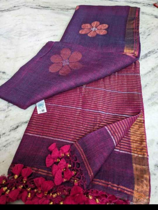 Dark purple 120 counts linen by linen jamdani weaved sarees