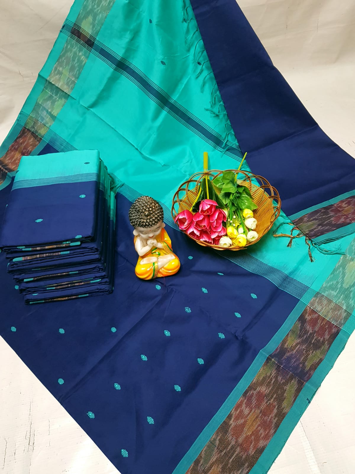 Navy blue Tripura silk sarees with Pochampally border