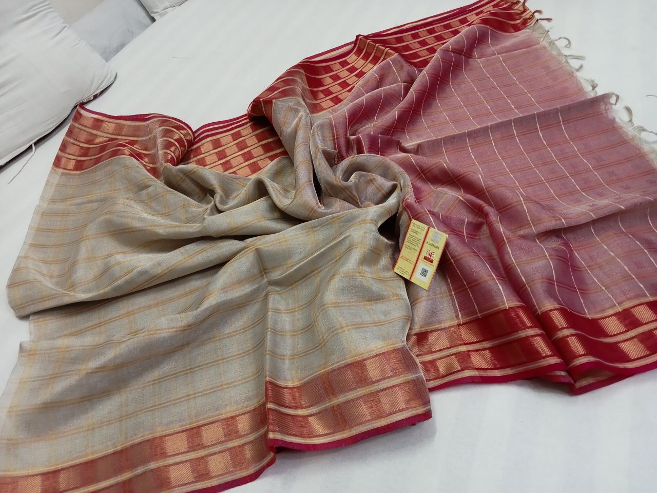 Silver with pink Pure handloom Tussar tissue silk sarees