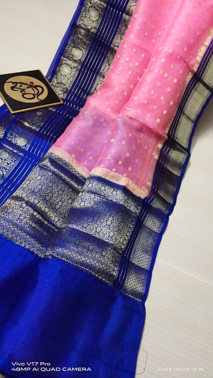 Pink and Navy blue Banarasi kora organza silk sarees