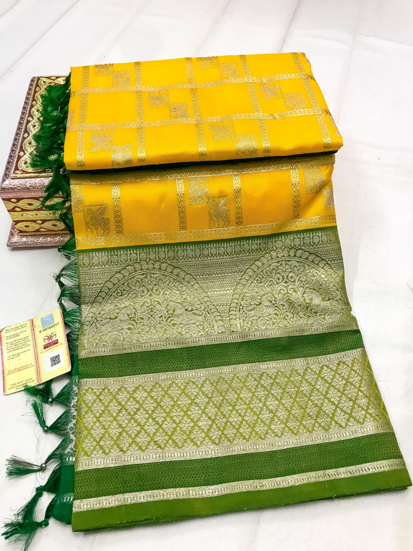 Yellow with dark green Pure Venkatagiri silk sarees