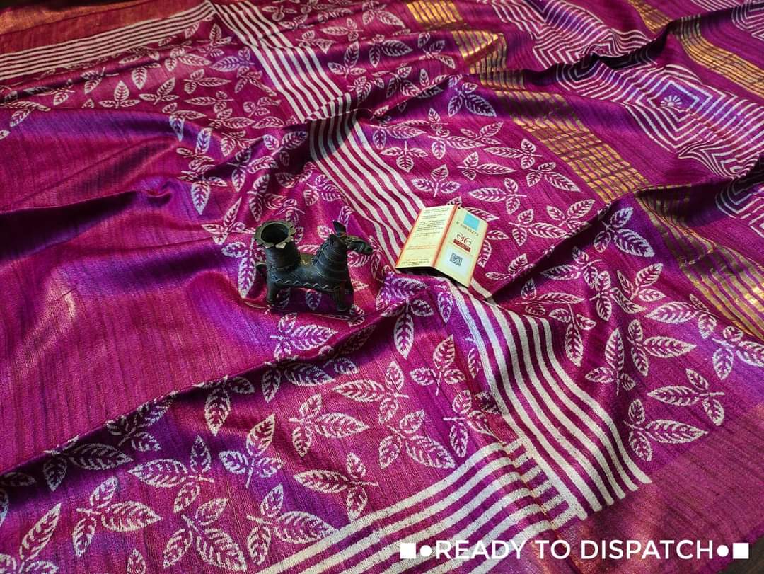 Magenta Pure Tussar gicha screen print sarees