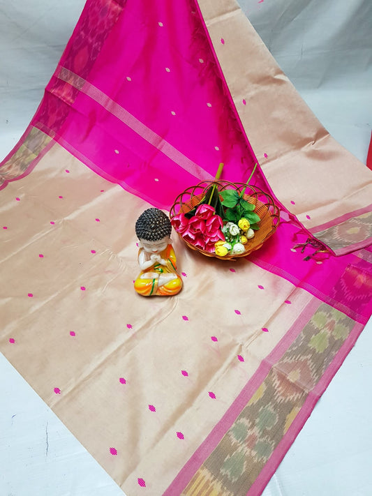 Cream and pink Tripura silk sarees with Pochampally border