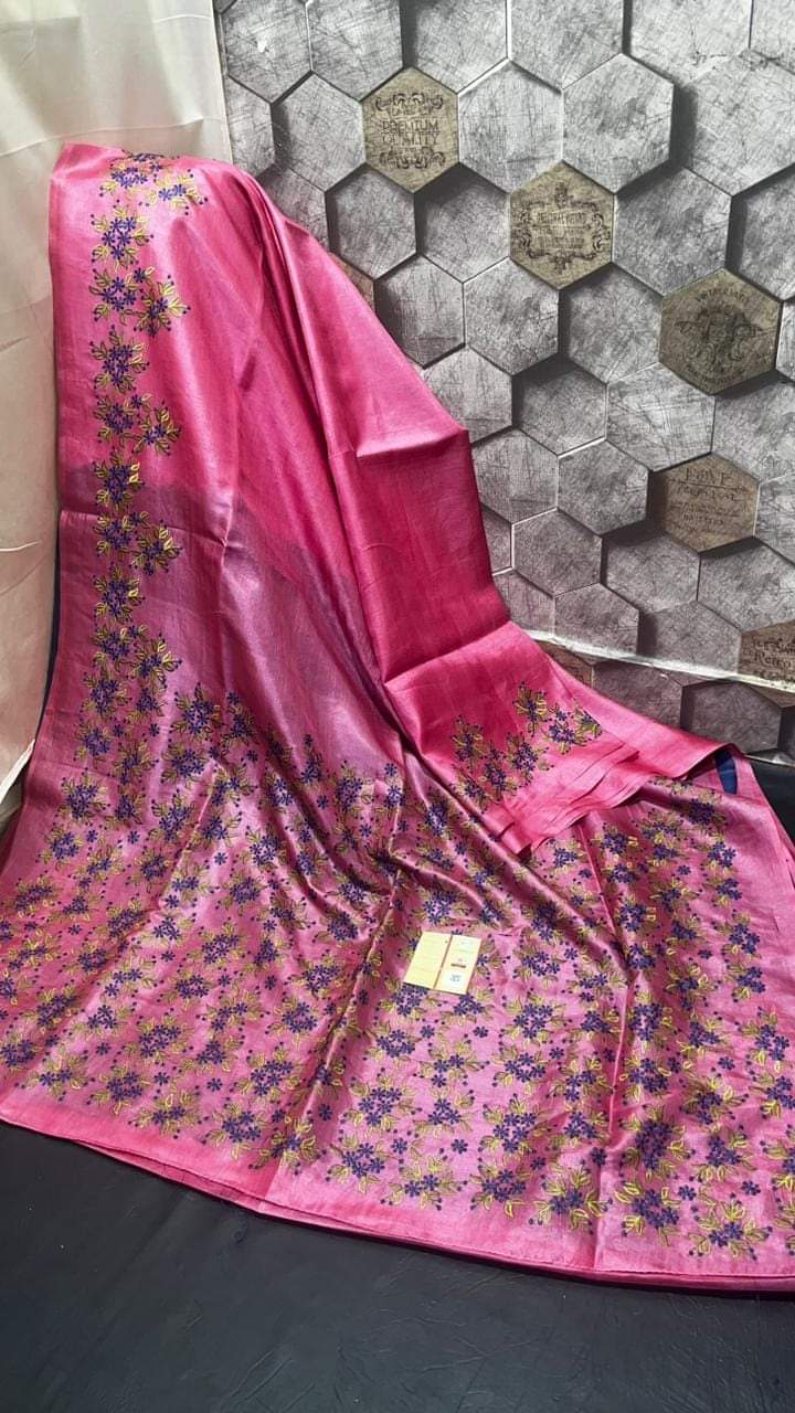 Pink pure tussar silk embroidery sarees