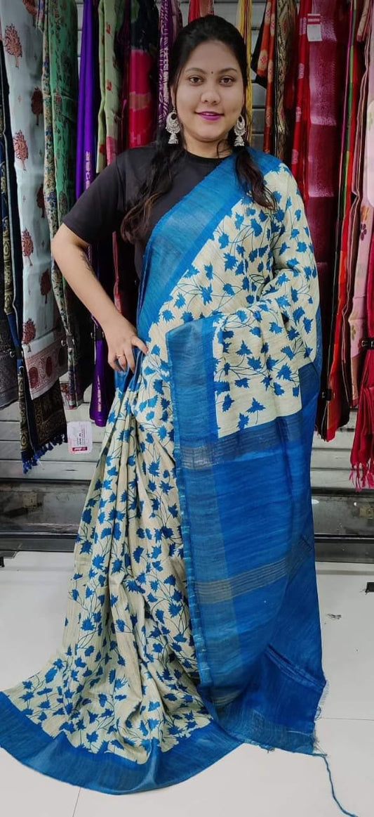 Cream and sky blue Pure Tussar gicha screen print sarees