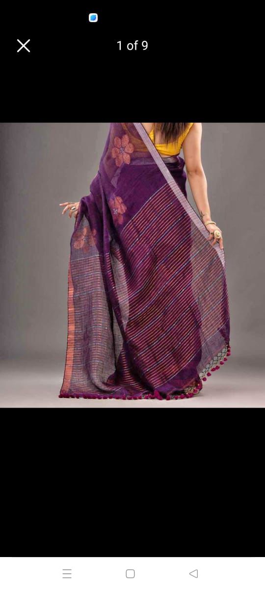 Dark purple 120 counts linen jamdani weaved sarees