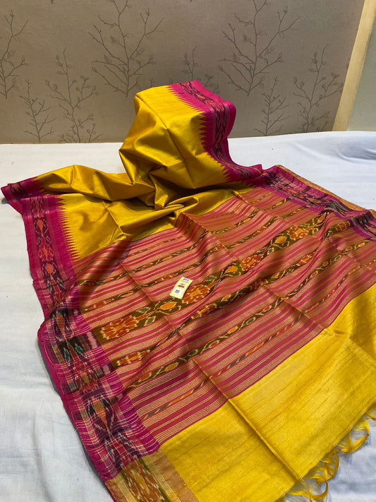 Yellow with pink Pure desi tussar silk pochampally border sarees