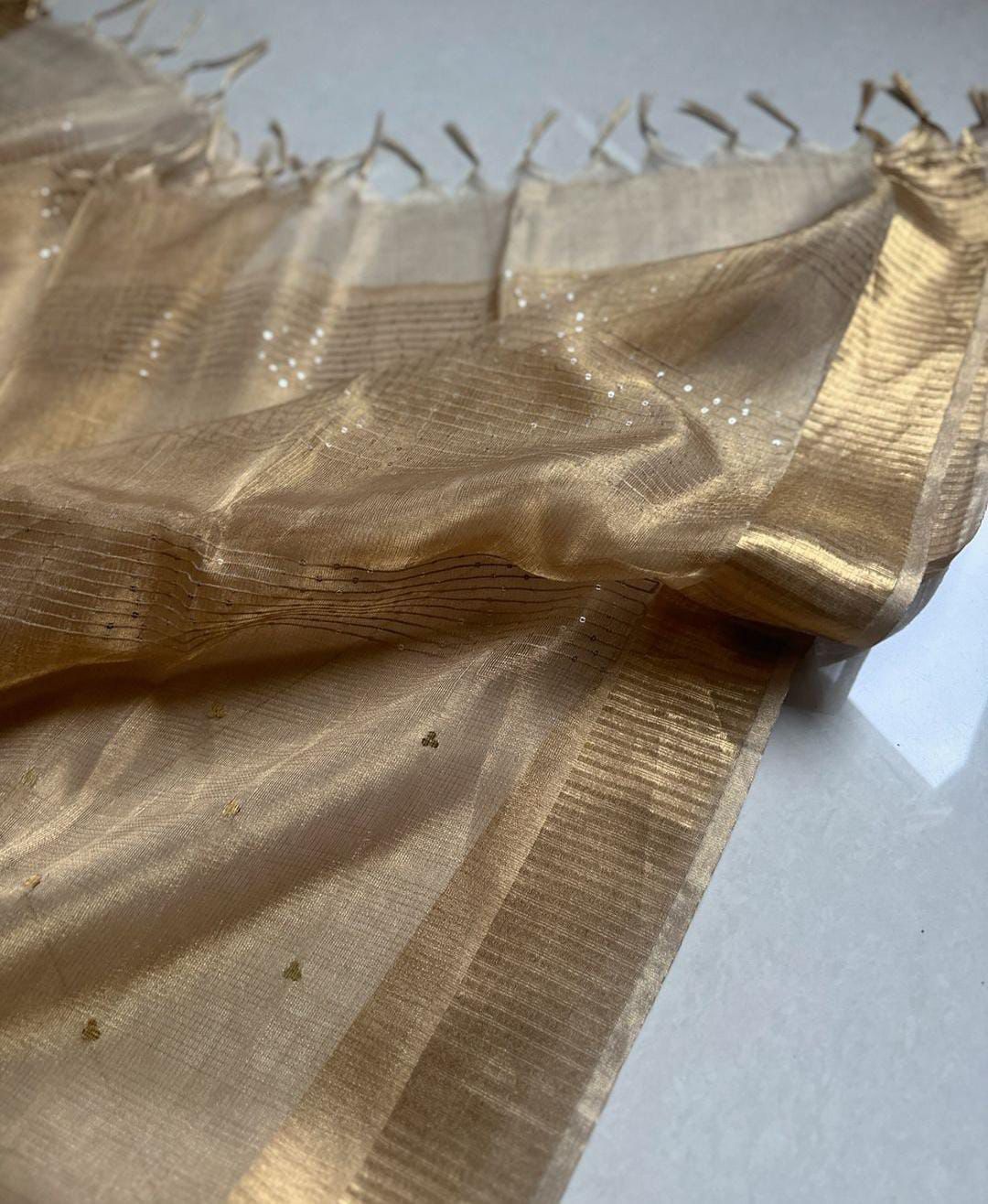 Gold Pure handloom Tussar tissue silk sequence work sarees