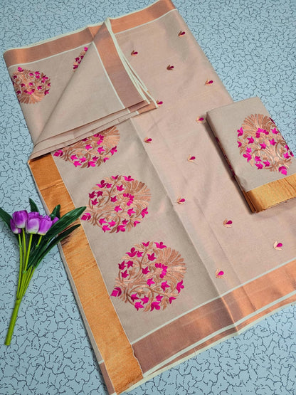 Onam Kerala copper tissue floral embroidery sarees