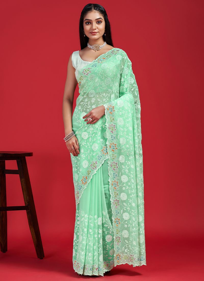 Georgette chikankari embroidered work sarees