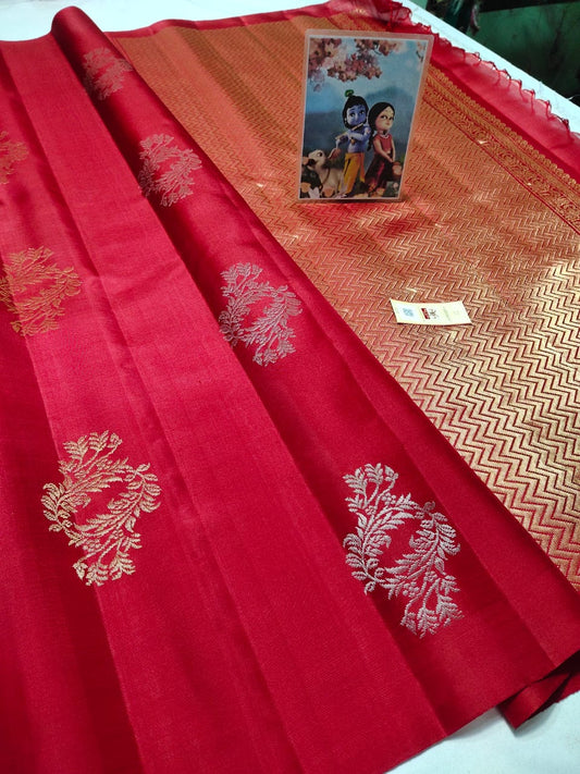 Red Pure kanchipuram plain soft silk sarees