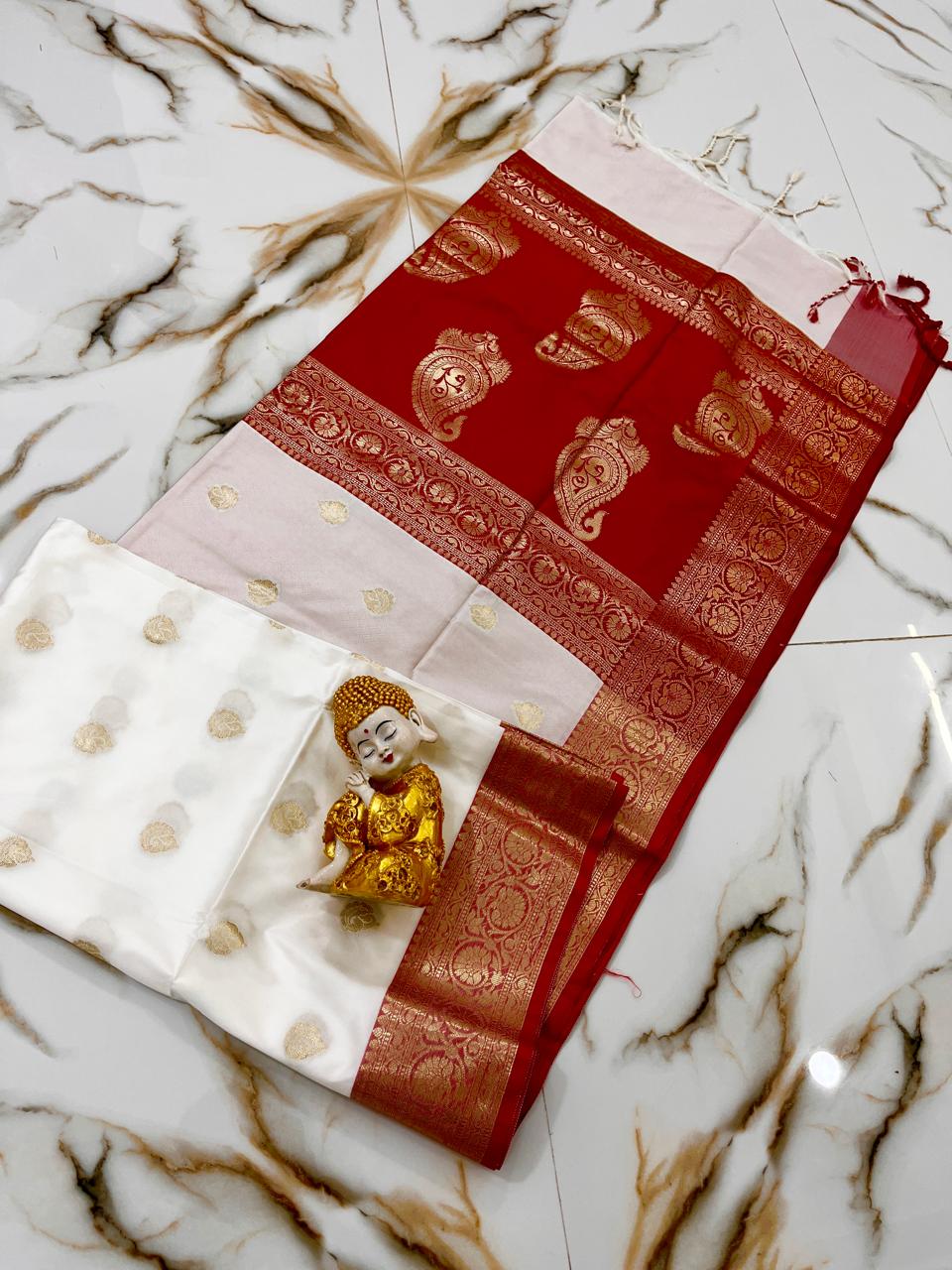 White and red Muga katan silk sarees