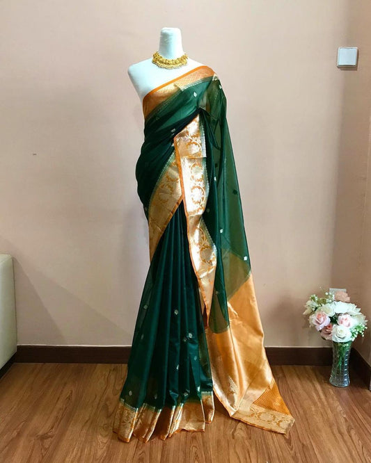 Bottle green Banarasi kora organza sarees