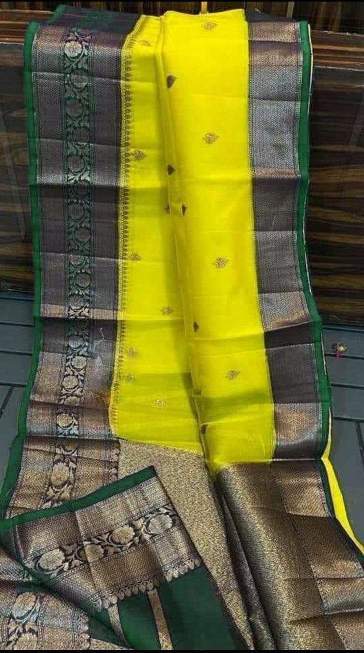 Yellow with green Banarasi kora organza sarees