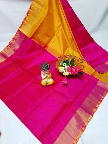 Dark pink and mango yellow uppada plain silk sarees