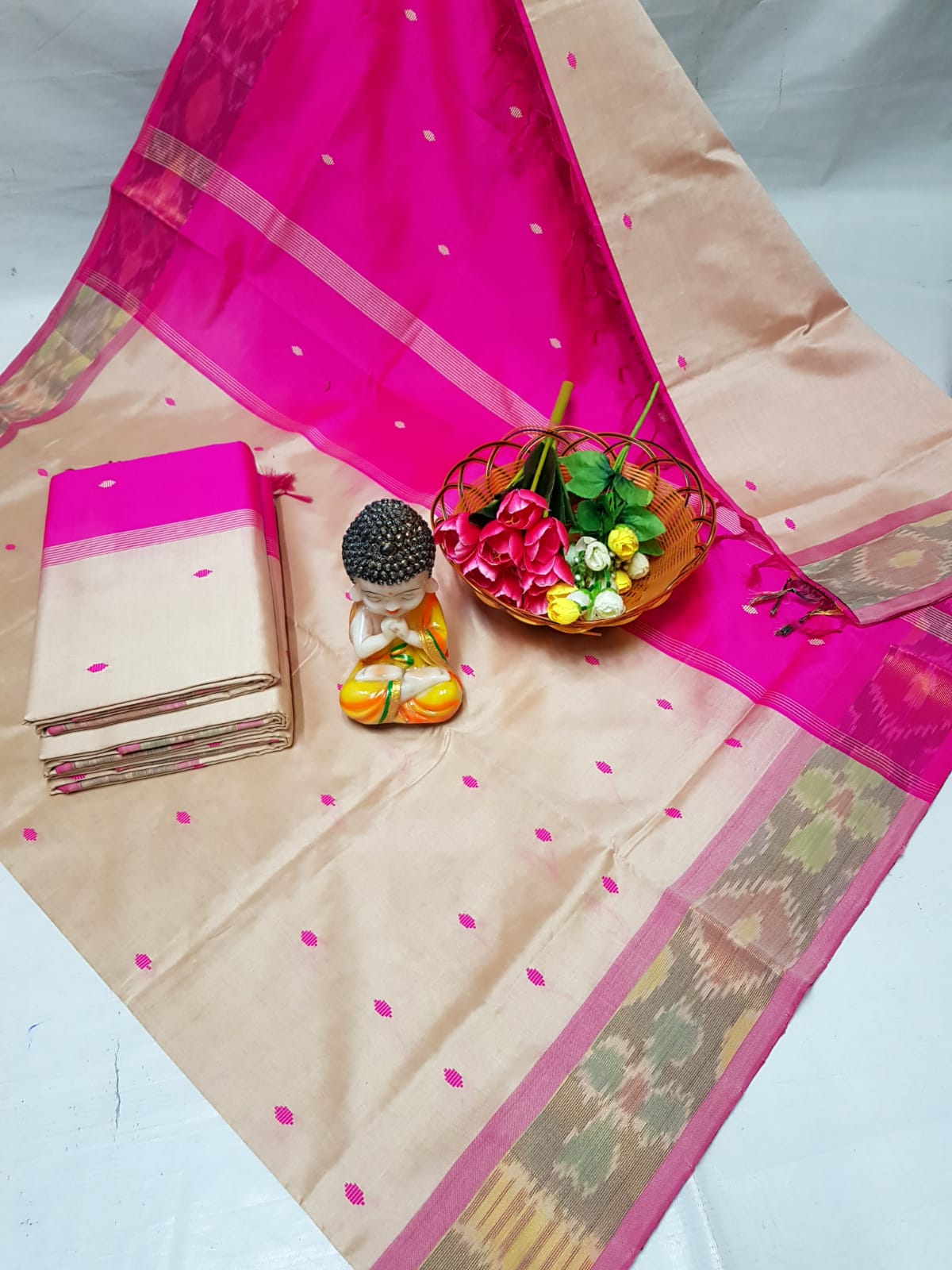 Cream and pink Tripura silk sarees with Pochampally border