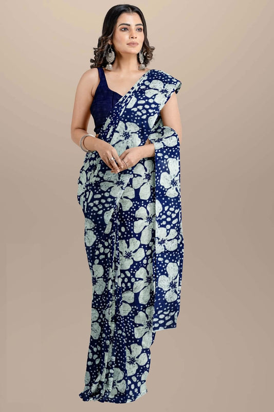 Dark indigo Handblock printed mulmul cotton sarees