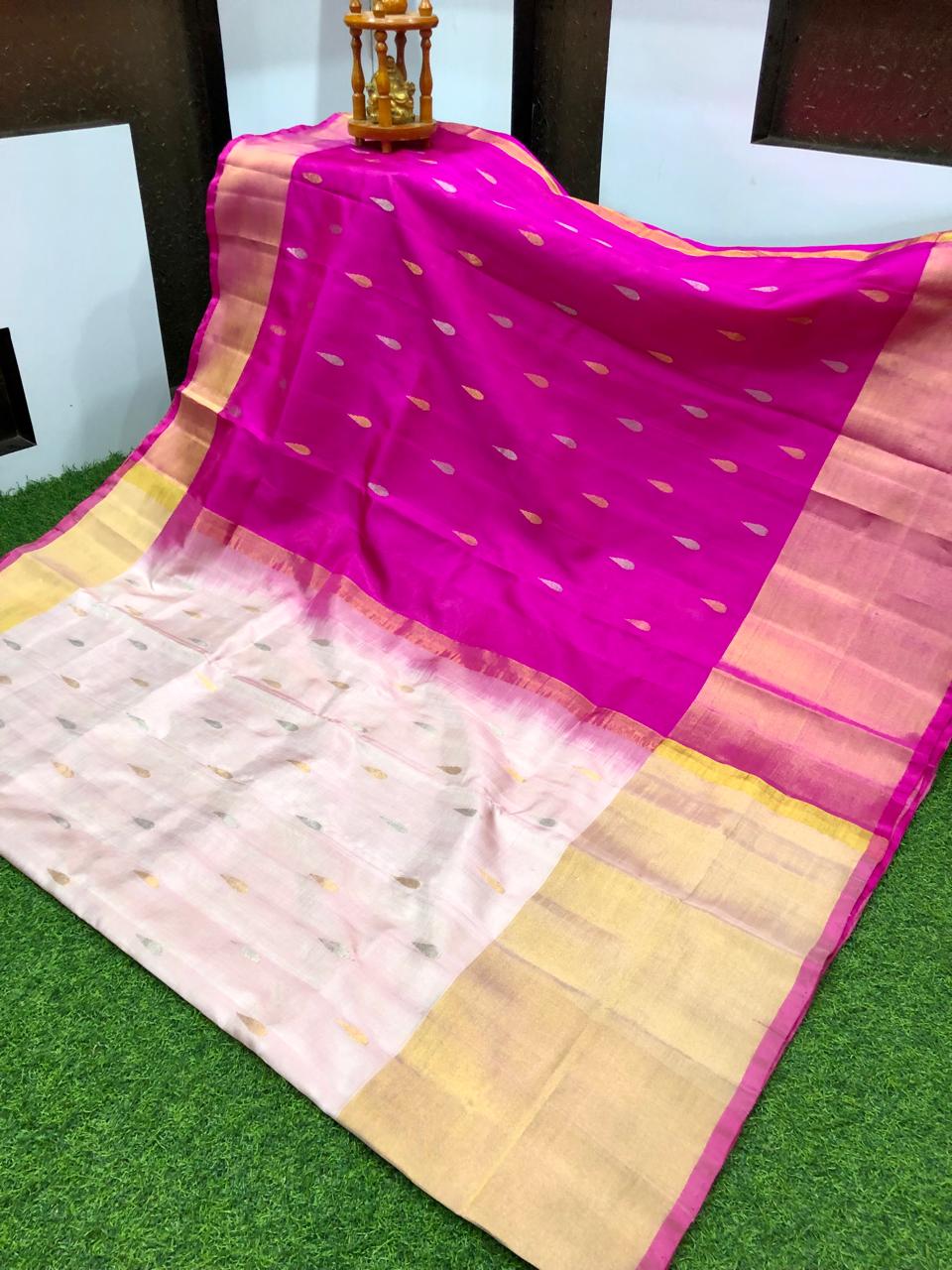 Cream and pink Uppada small Jamdani butta Sarees