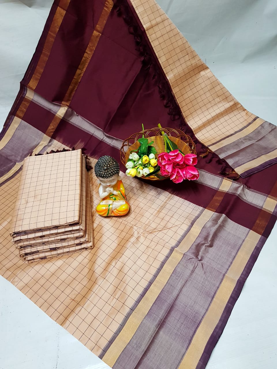 Beige Tripura silk mahanati checks sarees