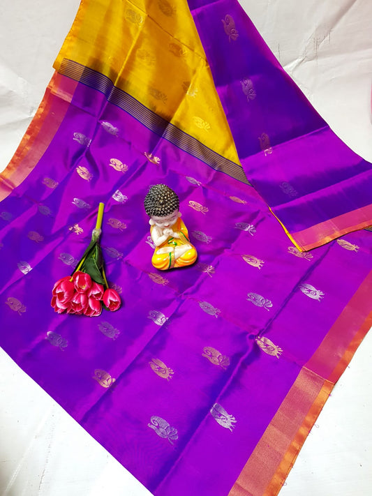 Purple and yellow handloom Uppada silk sarees with small border