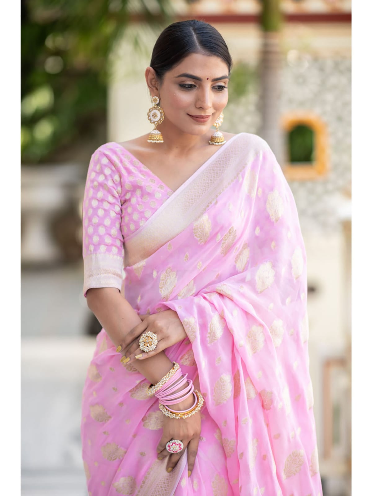 Pink semi Banarasi Georgette silk sarees