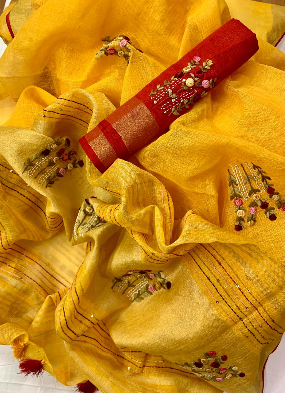 Mango yellow Linen French Knot embroidery sarees