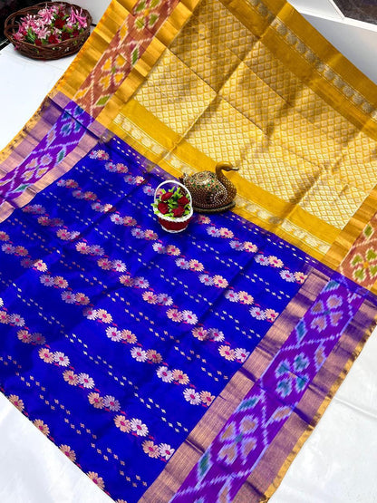 Royal blue Uppada sarees with pochampally border