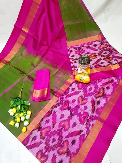 Green and pink Uppada sarees with big pochampally border