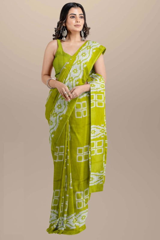 Olive green Handblock printed mulmul cotton sarees