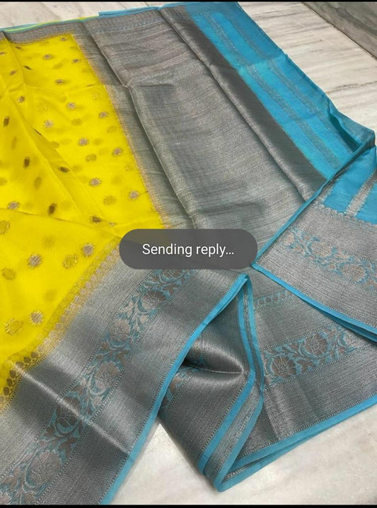 Yellow with sky blue Banarasi kora organza sarees