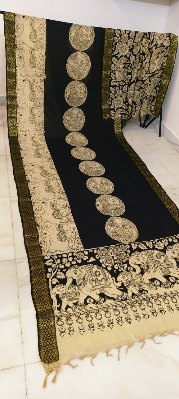 Black and white mangalagiri pen kalamkari sarees