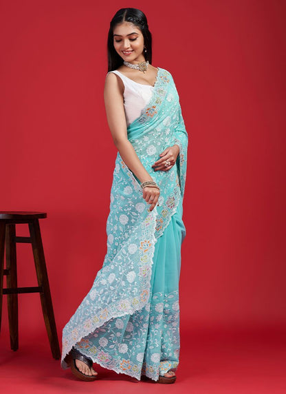 Georgette chikankari embroidered work sarees