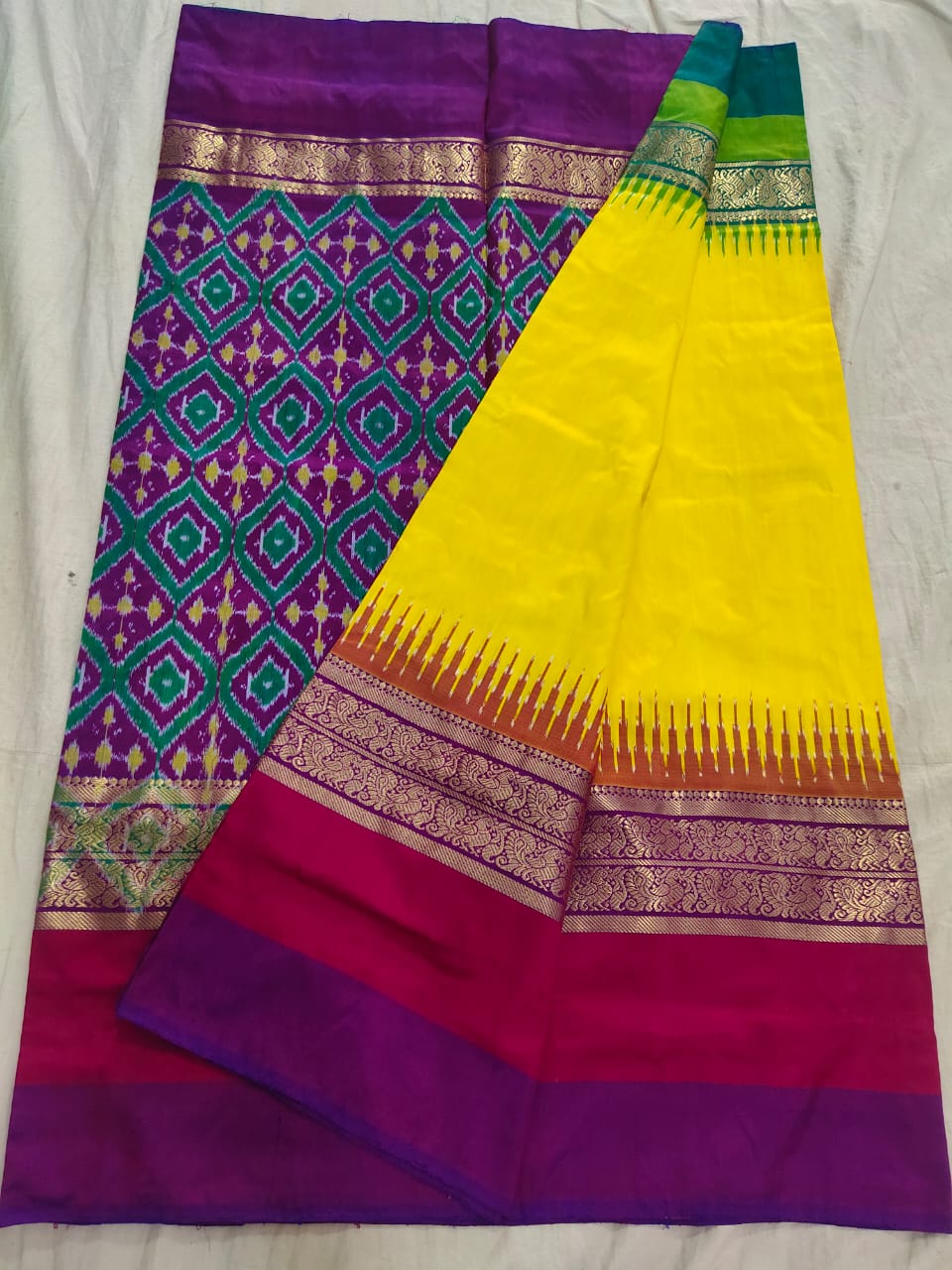 Yellow ikkat silk sarees with jakat kanchi border