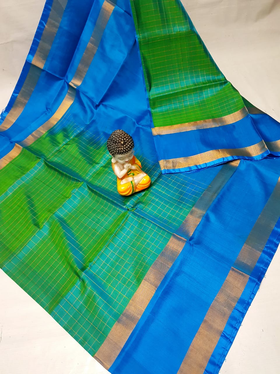 Green and sky blue uppada mahanati checks sarees