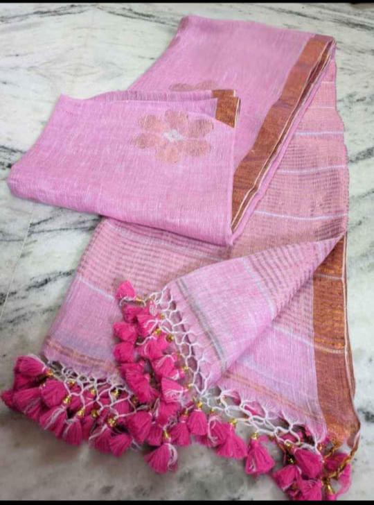 Baby pink 120 counts linen jamdani weaved sarees