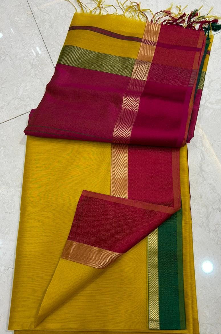 Yellow and red pure handloom Maheshwari sarees