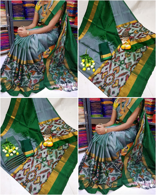 Grey and green Uppada sarees with big pochampally border