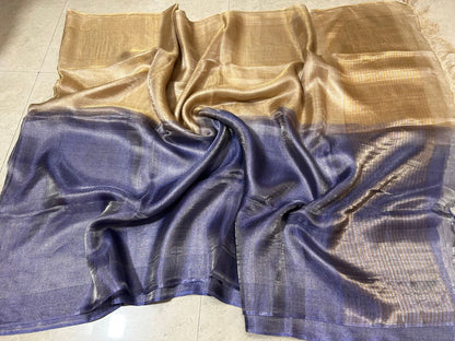 Gold and blue Pure Tussar tissue silk sarees