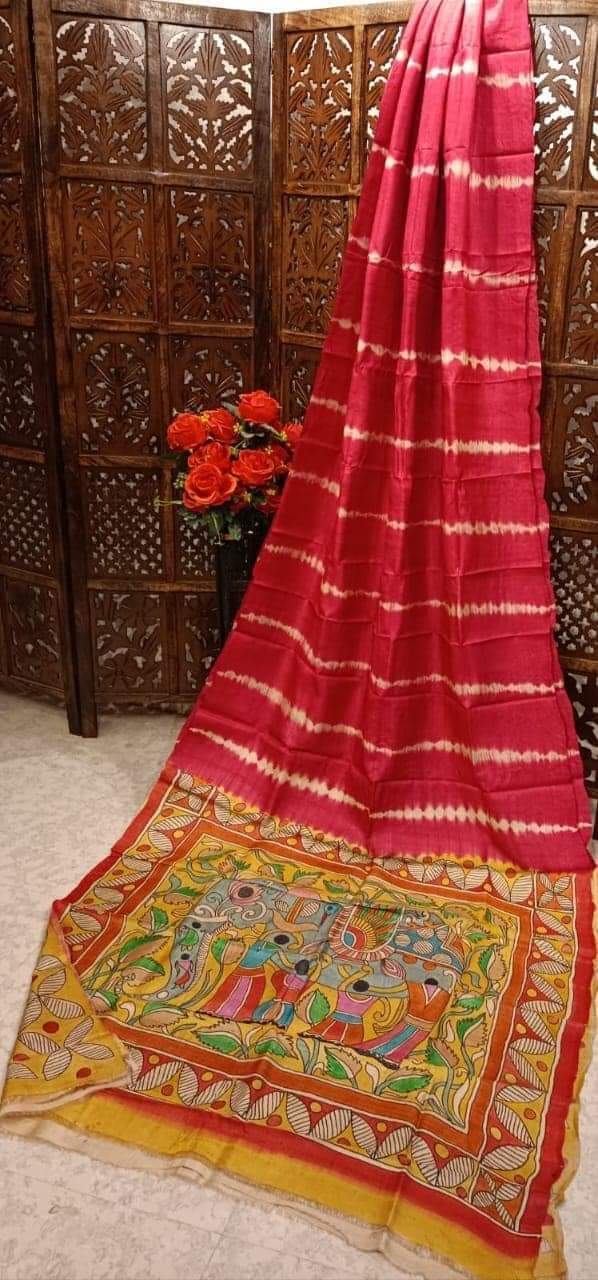 Red pure handloom tussar Silk shibori sarees