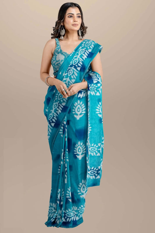 Sky blue Handblock printed mulmul cotton sarees