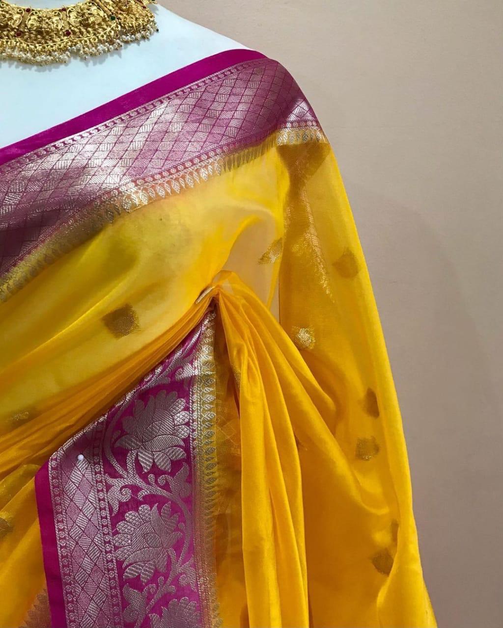 Mango yellow Banarasi kora organza sarees