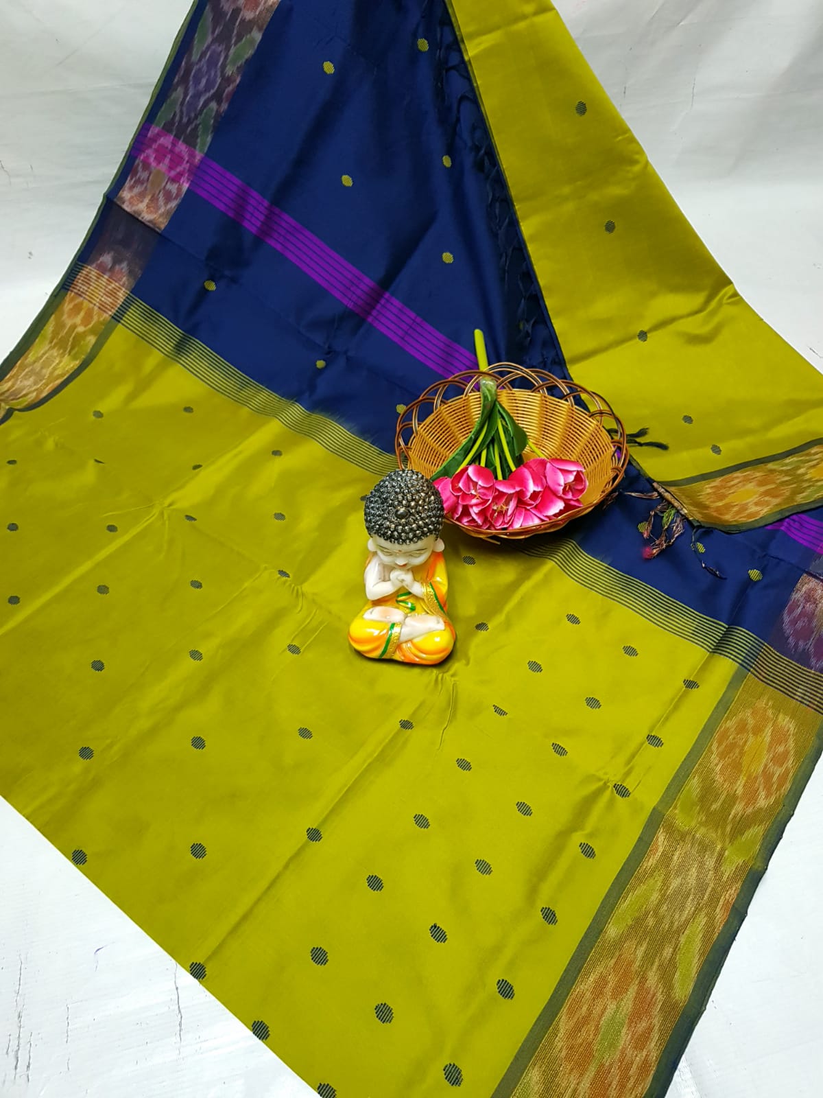 Olive green and Navy blue Tripura silk sarees with Pochampally border