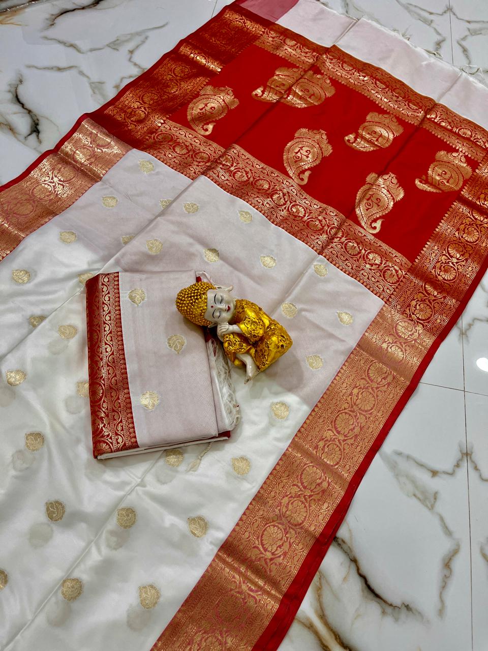 White and red Muga katan silk sarees