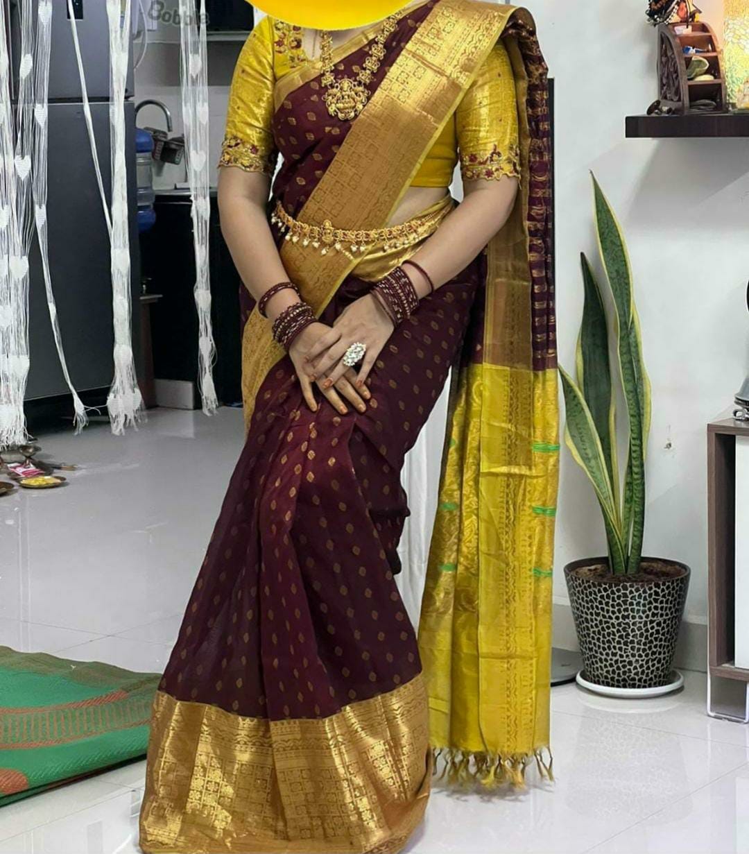 Dark Brown and yellow handloom Kuppadam kanchi border sarees